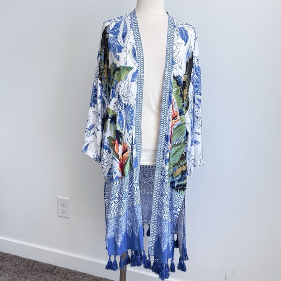 Chico's Tops - Chicos Kimono Duster Womens Blue Tassels Boho Beach Resort Bold Coastal Tropical